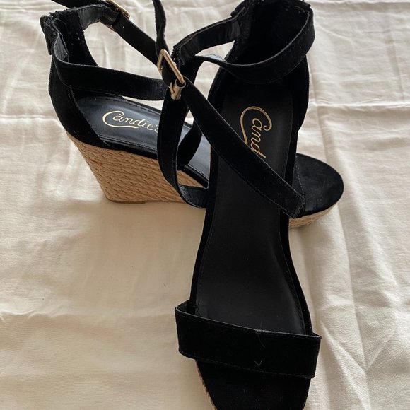 Candies Black Wedge Espadrille Heels Criss Cross with Gold Buckle - Picture 3 of 9